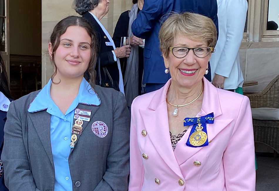 Mary MacKillop Wakeley Year 12 student Asteer Salem at the 2023 NSW Youth Community Service Awards with NSW Governor General Margaret Beazley.